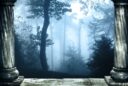 A quiet forest framed by ancient columns, symbolizing the vanaprastha stage of life—letting go of ambition and embracing reflection and simplicity.