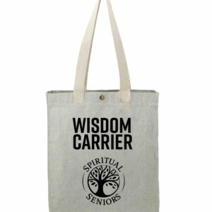 Wisdom Carrier – Spiritual Seniors recycled cotton tote bag with snap closure