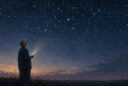 Older adult standing at dusk holding a smartphone and gazing at a night sky filled with glowing digital constellations, symbolizing the intersection of artificial intelligence and the human search for meaning.