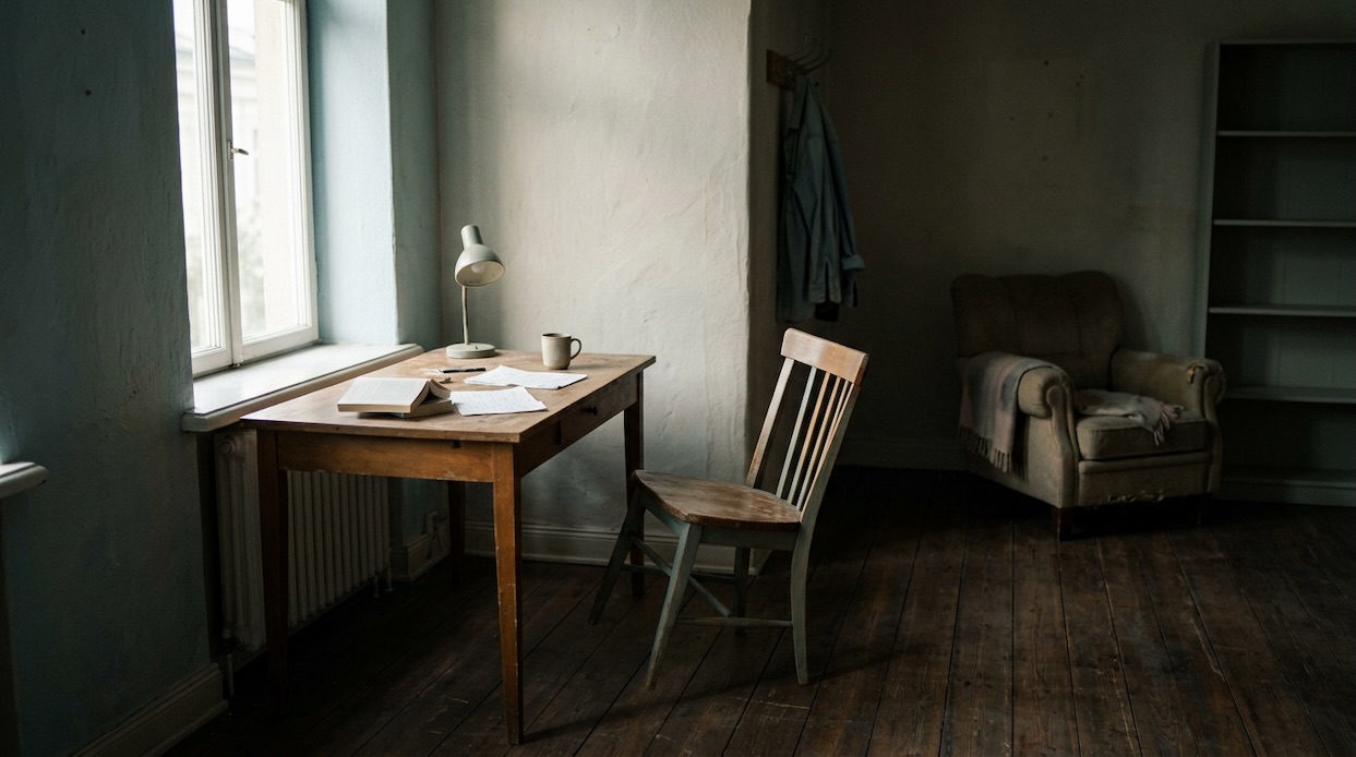 quiet interior space with light and shadow suggesting reflection and inner work in later life