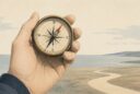 Illustrated hand holding a compass above a winding path, symbolizing humility, uncertainty, and spiritual direction in later life.