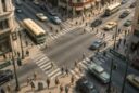 Aerial illustration of a busy 1950s downtown intersection inspired by Thomas Merton’s Fourth and Walnut moment in Louisville.