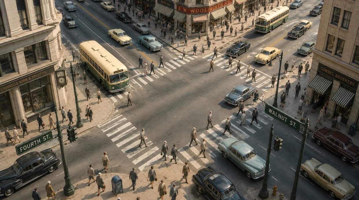 Aerial illustration of a busy 1950s downtown intersection inspired by Thomas Merton’s Fourth and Walnut moment in Louisville.