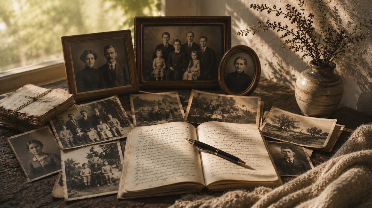 Vintage family photographs and handwritten letters on a wooden table, symbolizing ancestry, memory, and the sacred inheritance we carry through life.
