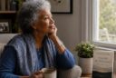 older African American woman reflecting by a window representing loneliness connection and spiritual reflection in later life