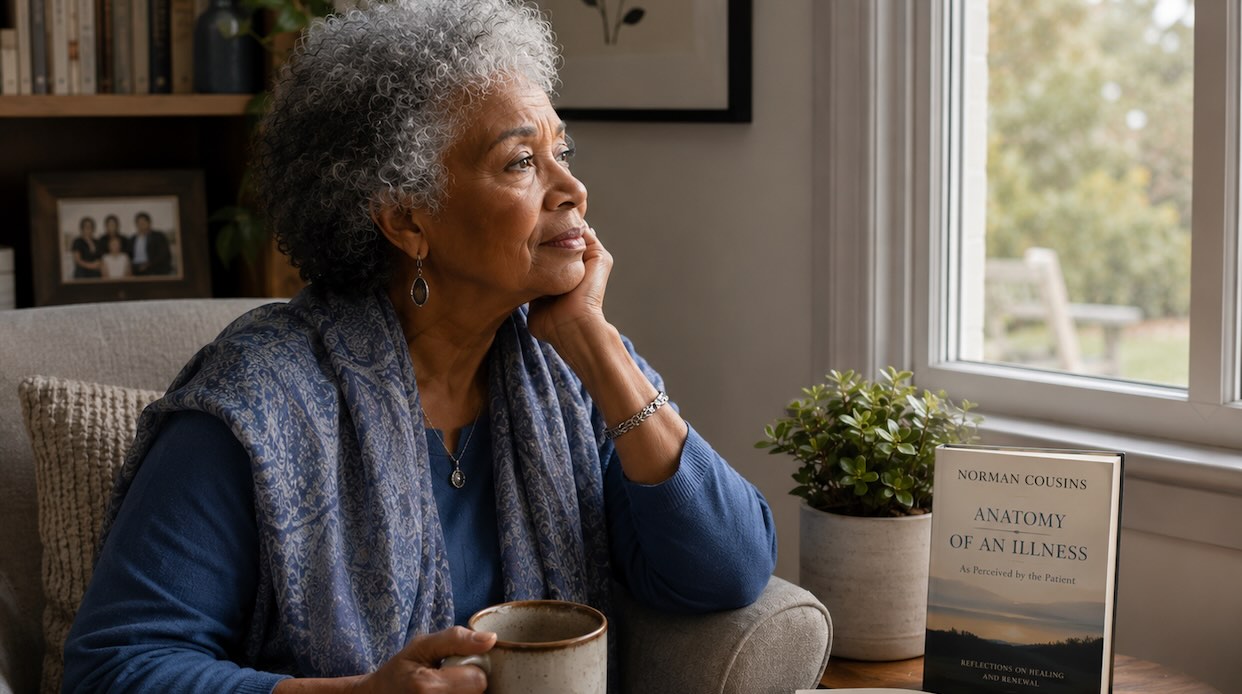 older African American woman reflecting by a window representing loneliness connection and spiritual reflection in later life