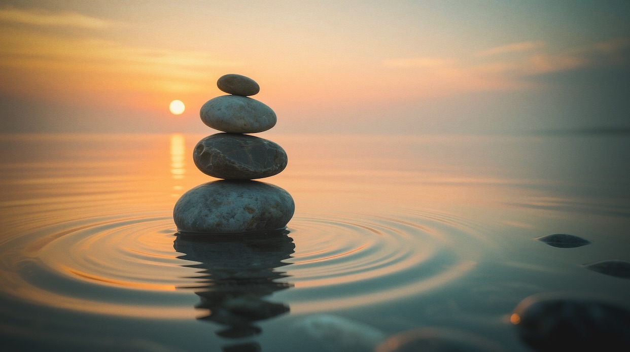 Balanced stone cairn beside a peaceful lake, symbolizing contentment, gratitude, and discovering what is enough in later life.