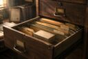 Open filing cabinet drawer containing old legal files and a forgotten box, illuminated by warm sunlight, symbolizing memory, time, and the impermanence of human life.