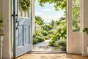 Open blue front door leading to a sunlit garden with flowers, stone path, and white garden gate.