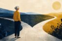 Editorial illustration of an older woman standing at a fork in two winding paths, looking toward the horizon beneath a warm golden sky.
