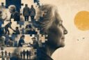 Editorial illustration of an older woman's profile alongside puzzle pieces depicting acts of kindness, caregiving, family, and friendship, representing the relationships that define a life.
