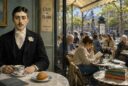 Marcel Proust with tea and a madeleine beside a modern Paris café filled with readers of different ages, connecting past and present.