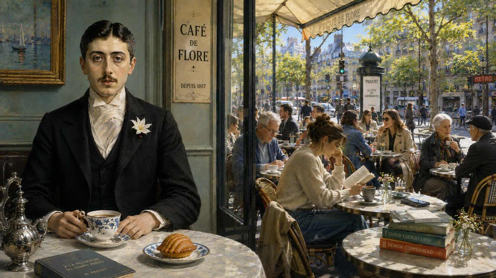 Marcel Proust with tea and a madeleine beside a modern Paris café filled with readers of different ages, connecting past and present.