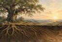 Old tree with exposed roots growing around rocks, illustrating resilience and strength through adversity.
