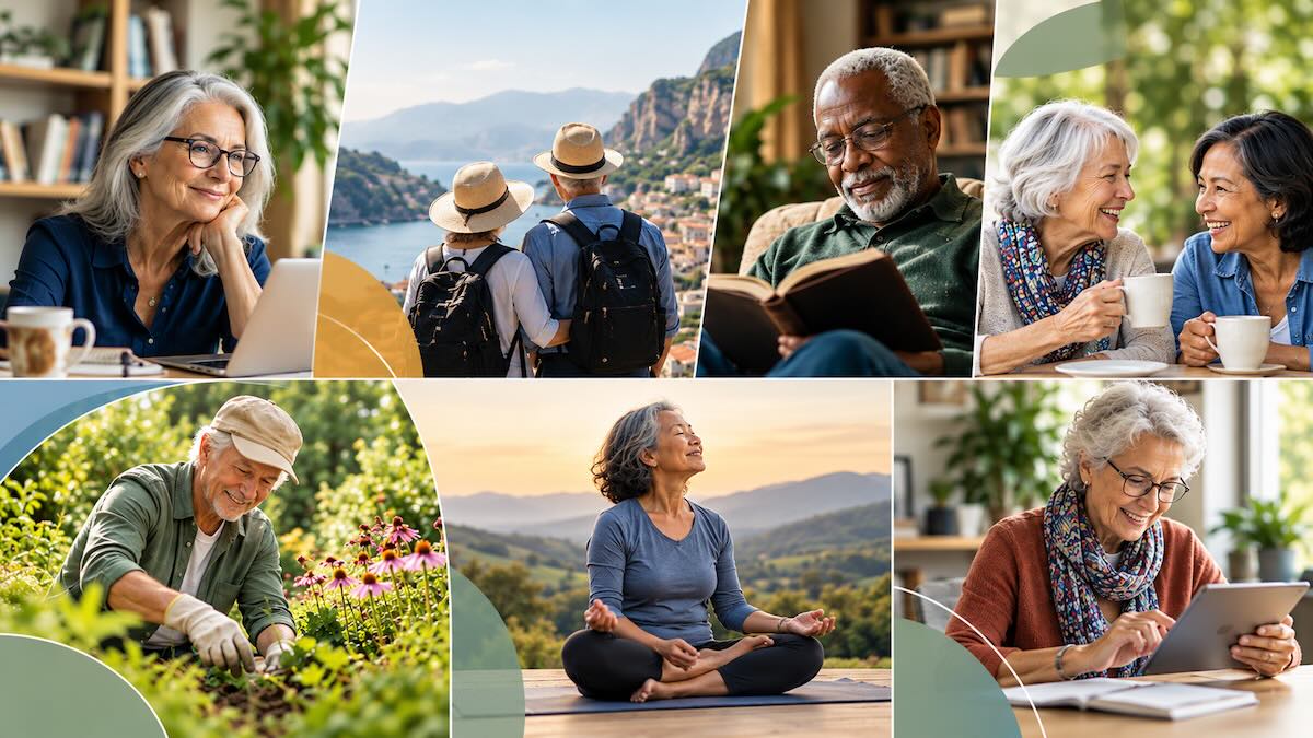 Older adults in varied stages of later life, including travel, learning, relationships, gardening, meditation and technology
