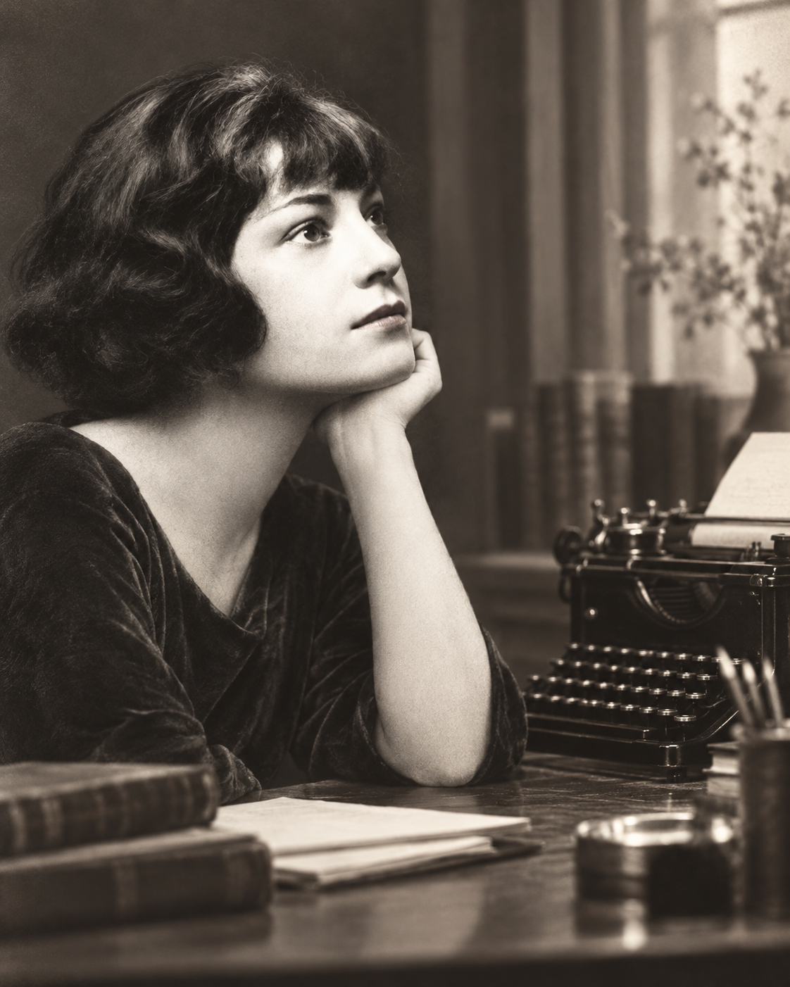 Interpretive portrait of Dorothy Parker beside a writer's desk and typewriter