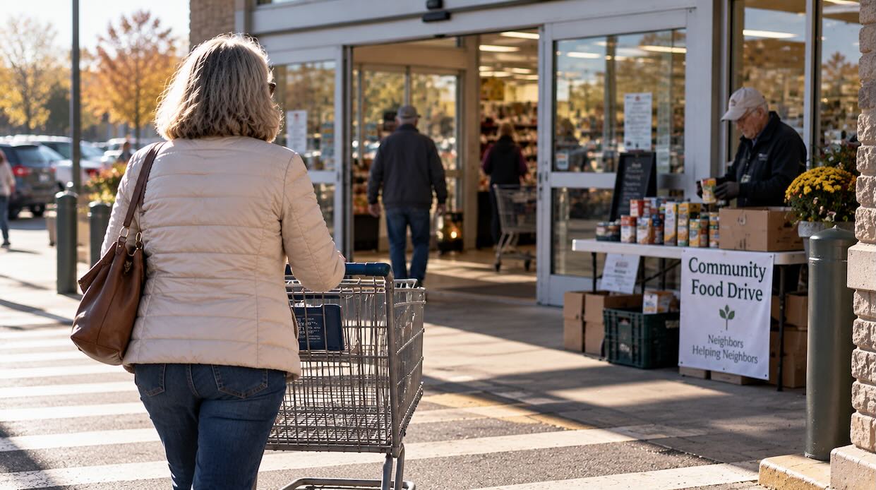 Woman pushing an empty shopping cart toward a grocery store entrance beside a community food drive.