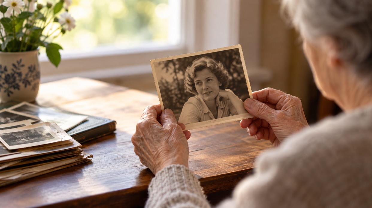 Older woman holding a photograph of herself as a young adult, reflecting on identity and the passage of time.
